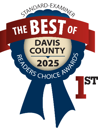 Apartments in Clearfield UT A blue ribbon badge reads "The Best of Davis County 2025 Readers Choice Awards" with "Standard-Examiner" at the top and "1st" on the right.